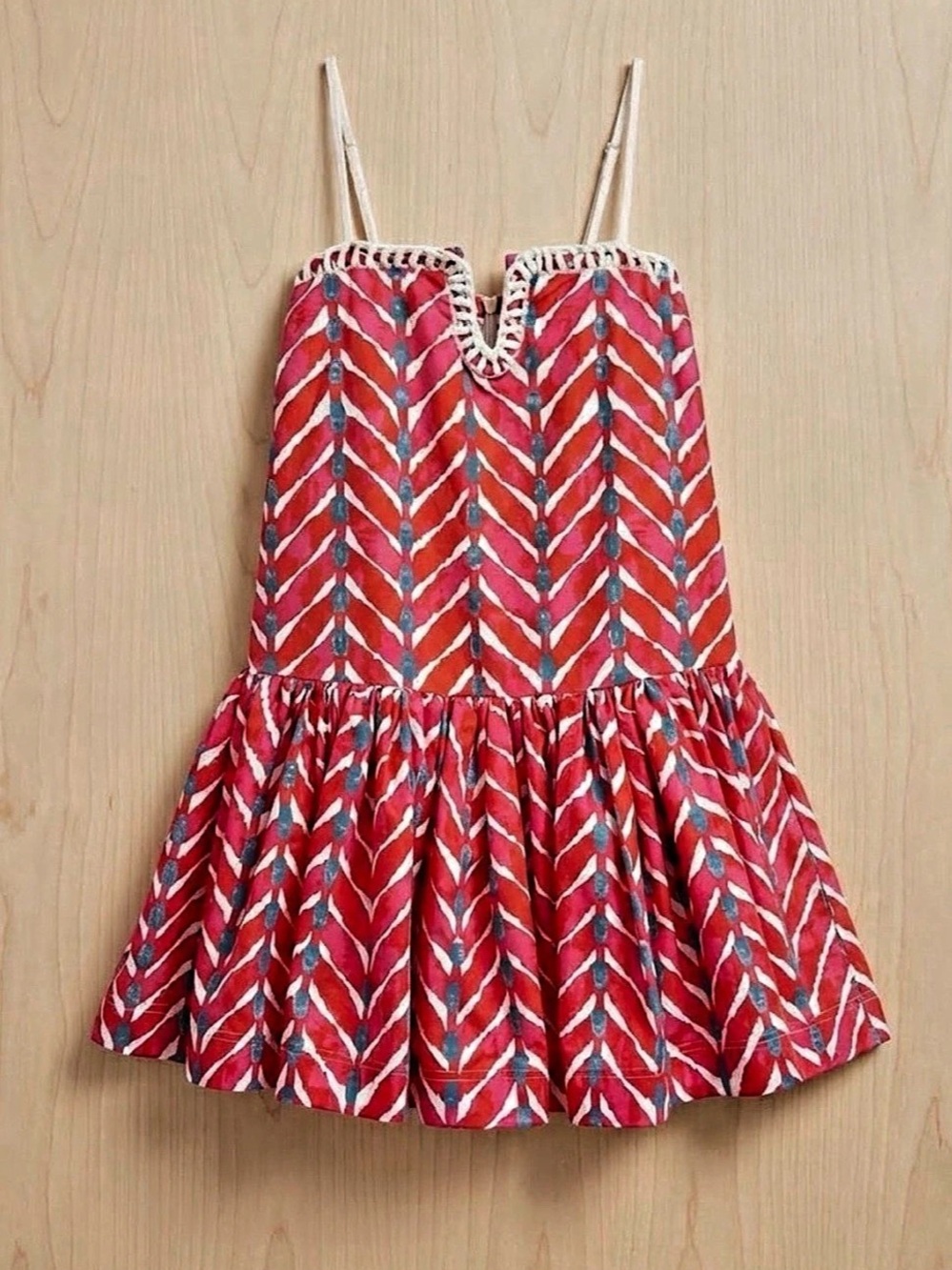 FANCY Red Blue Printed Drop Waist Mini Dress Rope Trim Pockets Small game day